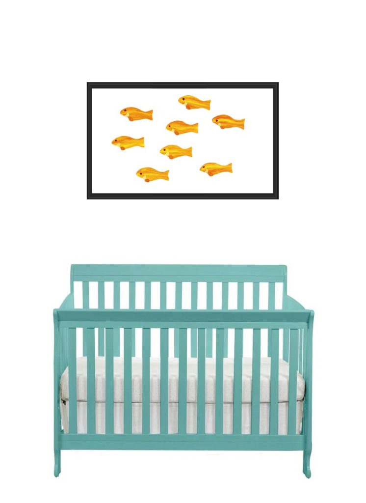 A turquoise baby crib beneath a framed fish artwork.
