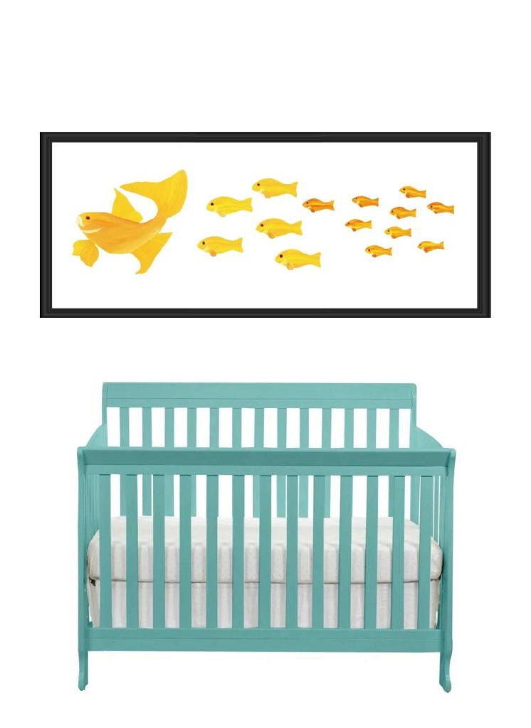Yellow fish wall art above a teal baby crib.