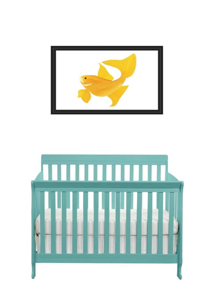 A teal baby crib under a yellow abstract art framed on the wall.