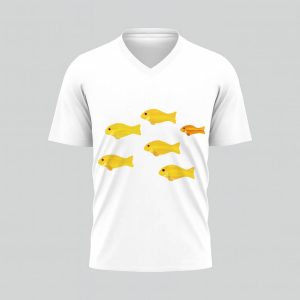 White V-neck T-shirt with yellow fish design.