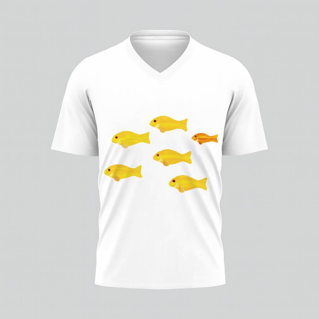 White V-neck T-shirt with yellow fish design.