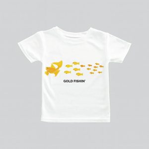White toddler T-shirt with a gold foil world map print.
