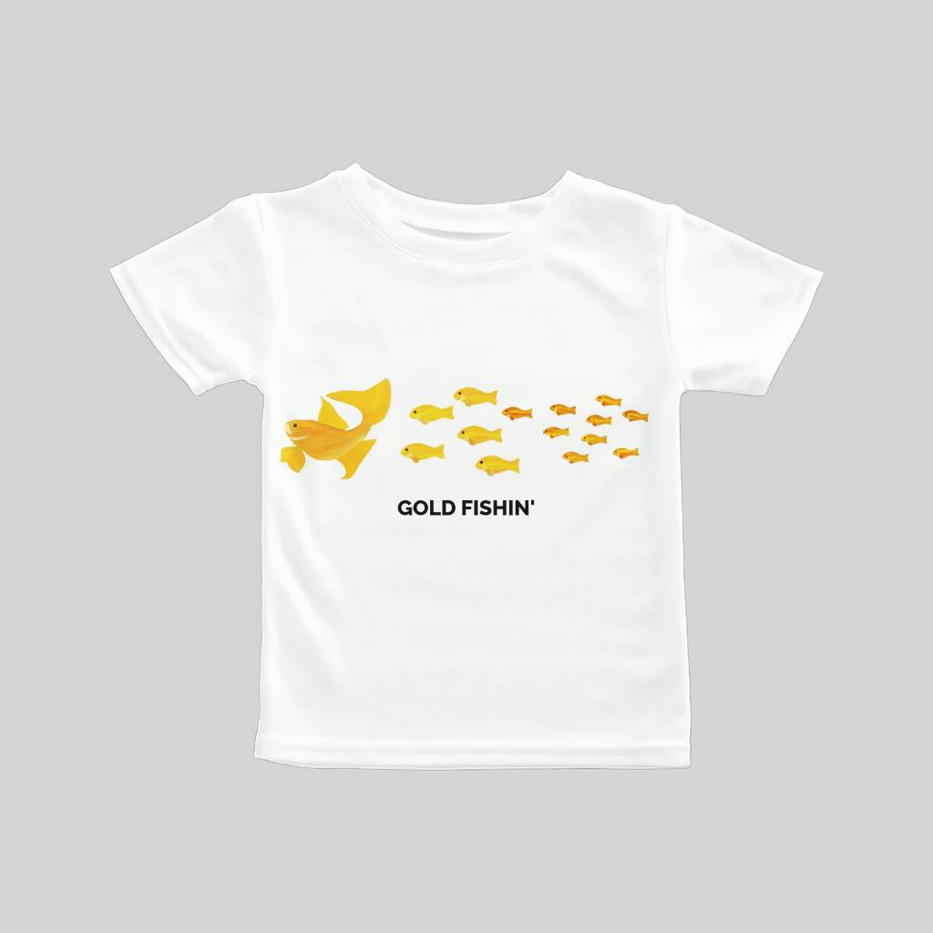White toddler T-shirt with a gold foil world map print.
