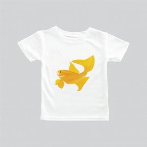 White t-shirt with two orange goldfish graphic on front.