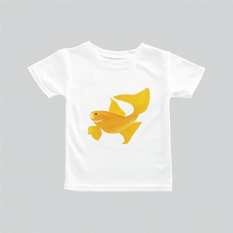 White t-shirt with two orange goldfish graphic on front.