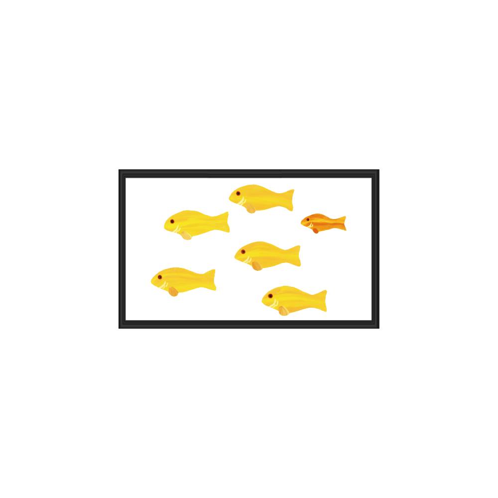 Illustration of five yellow fish and one orange fish in a black frame.