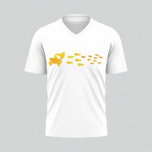 White V-neck T-shirt with a yellow fish pattern across the chest.