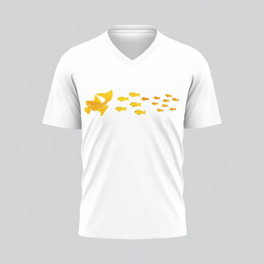 White V-neck T-shirt with a yellow fish pattern across the chest.