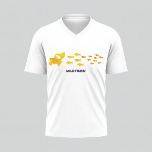 White V-neck t-shirt with a yellow fish design and 'SUSTAIN' text.