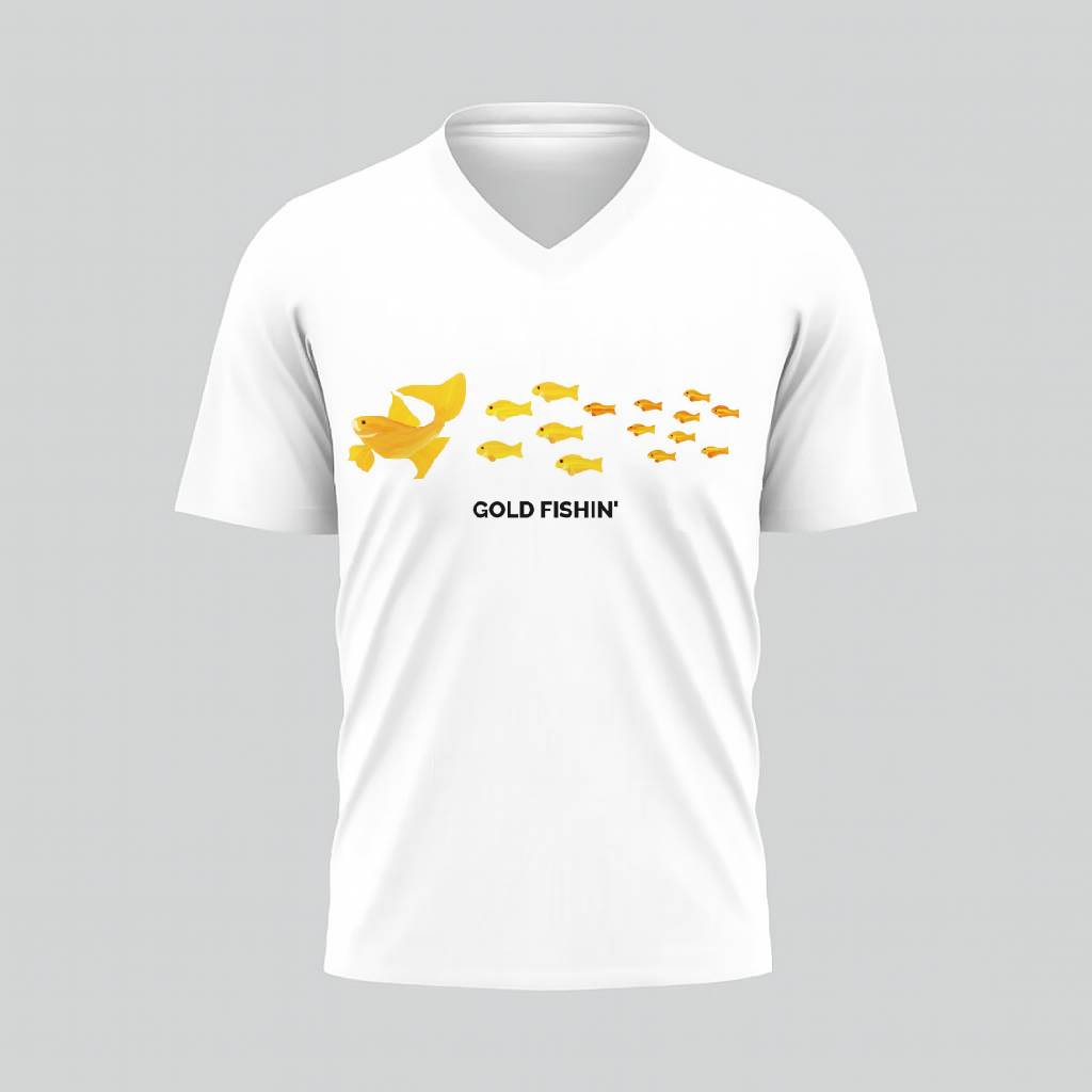 White V-neck t-shirt with a yellow fish design and 'SUSTAIN' text.