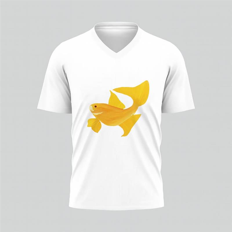 White V-neck shirt with a goldfish graphic.