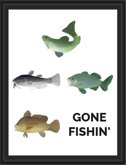 Illustration of four fish with text 'Gone Fishin'' below.