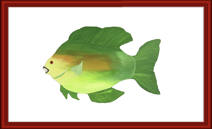 Illustration of a green and yellow fish with distinct fins and a smiling face.
