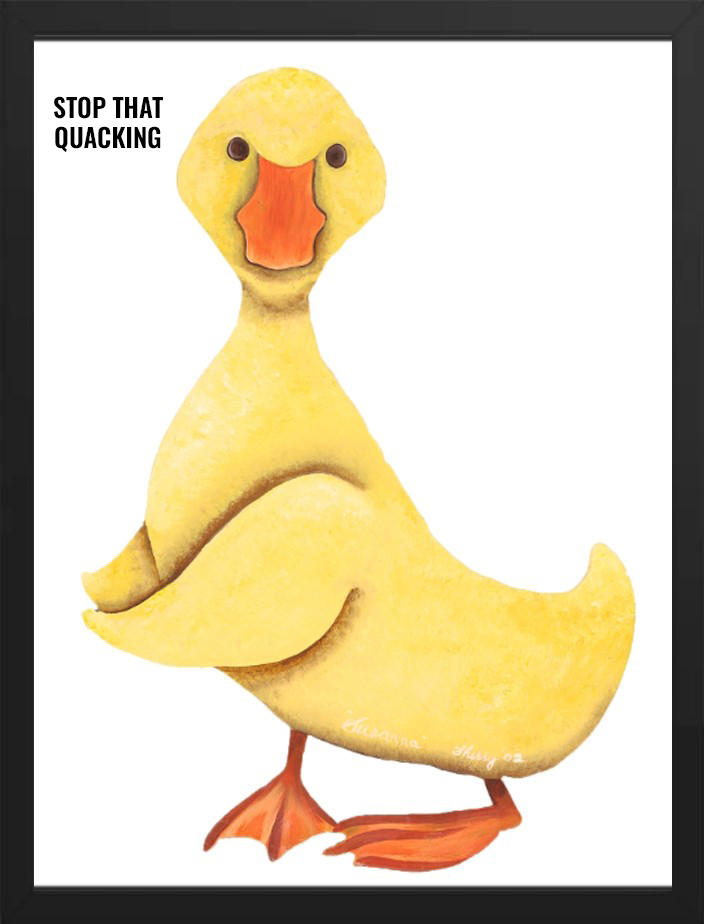 A cheerful duck standing with wings crossed and a smile.