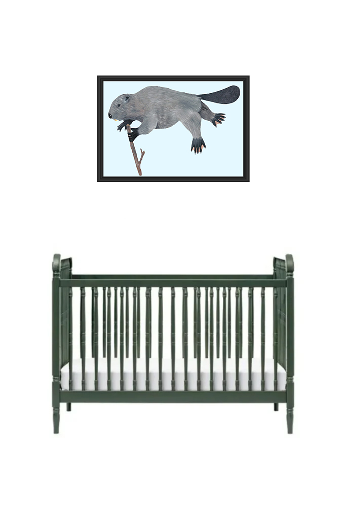 A green crib beneath a framed bird illustration on a white wall.