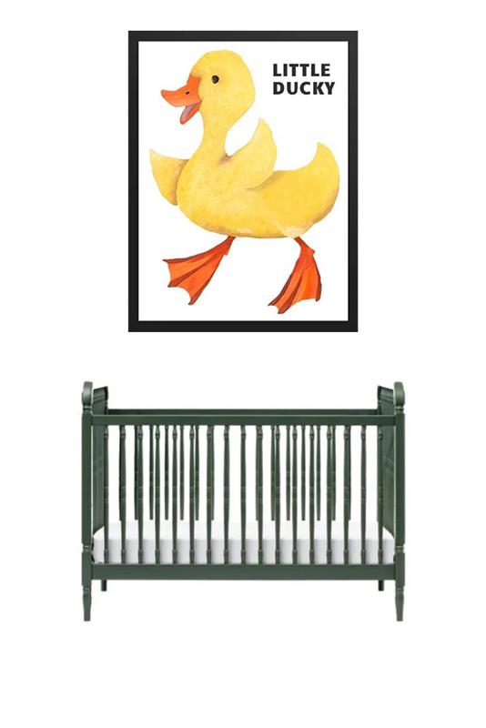 A duck-shaped lamp hangs above a green wooden bench.