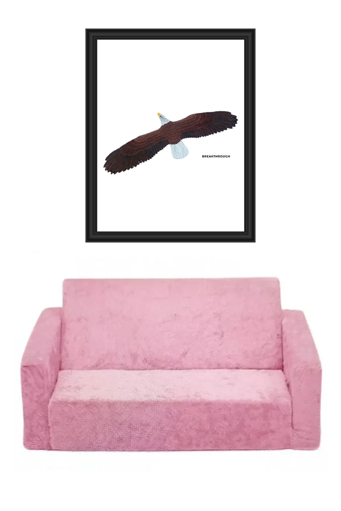 Framed bird silhouette art above a pink sofa.