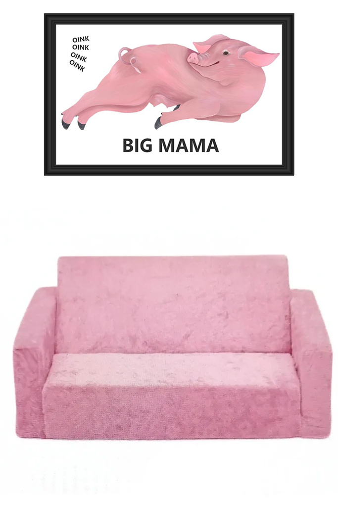 Pink sofa beneath a framed 'BIG MAMA' whale art print.