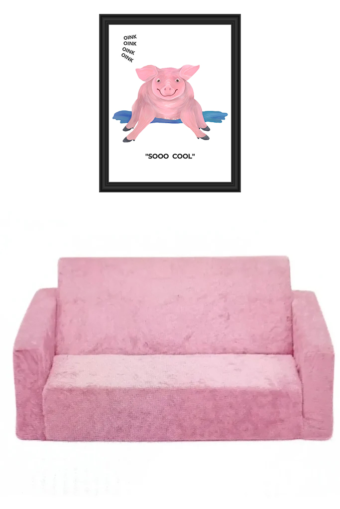 Pink loveseat sofa beneath a framed pig illustration with 'HUG ME' text.