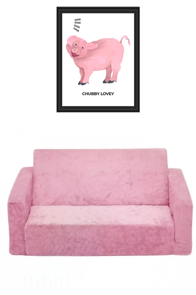 Pink pig-shaped sofa with a framed pig poster above it.
