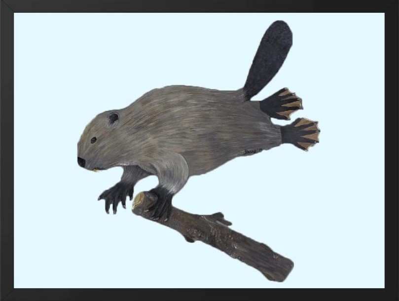 A beaver holding a stick against a white background.