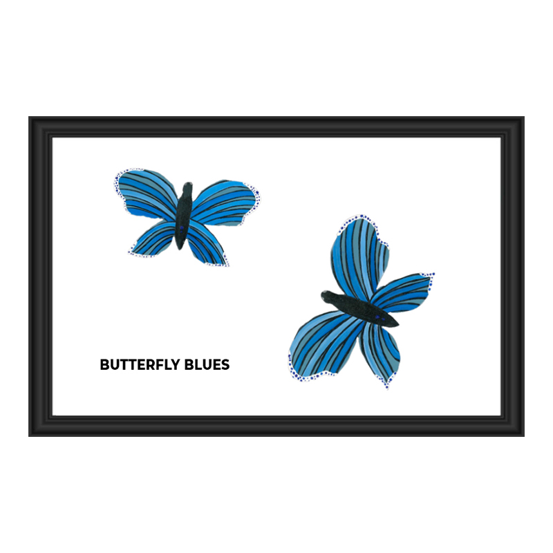 Artistic print of two blue butterflies with the caption 'Battery Blues'.