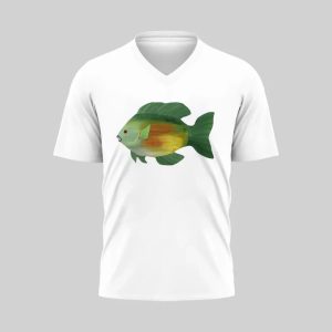 White V-neck T-shirt with a colorful fish graphic on the front.