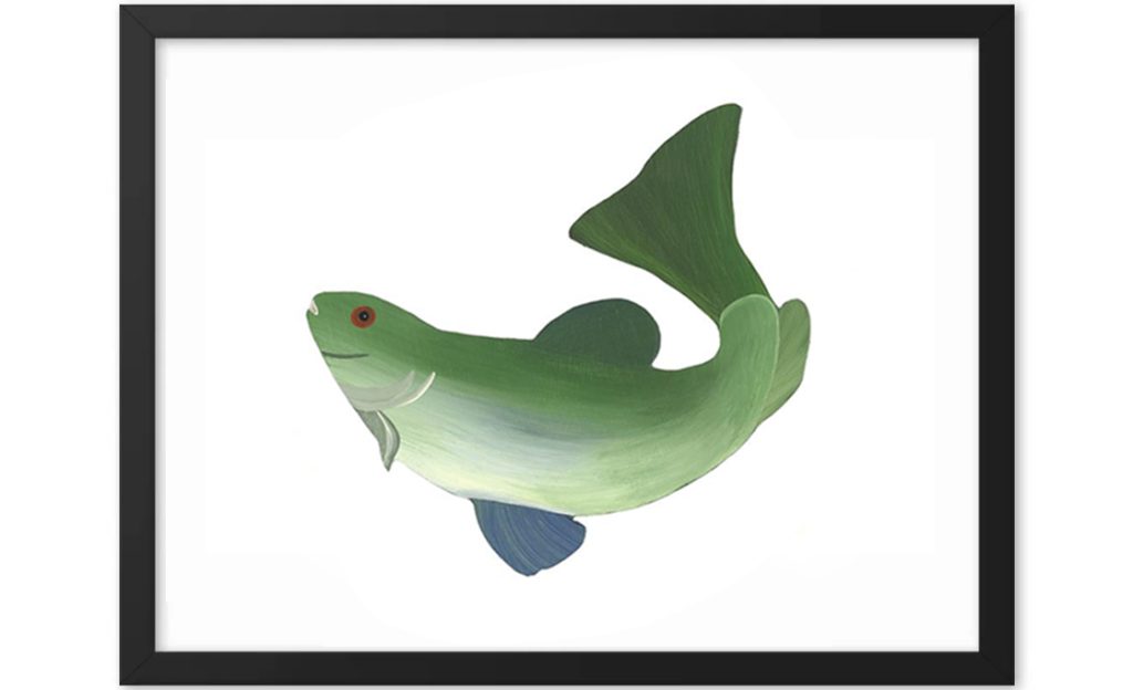Illustration of a green catfish with prominent whiskers and fins.
