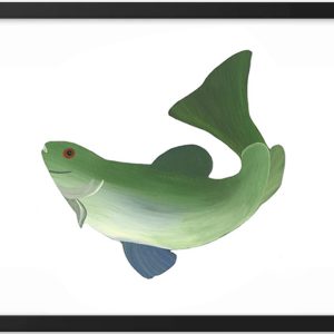 Illustration of a green catfish with prominent whiskers and fins.