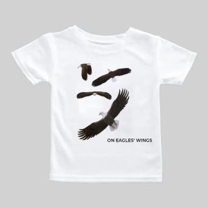 White T-shirt with abstract black brushstroke design and text.