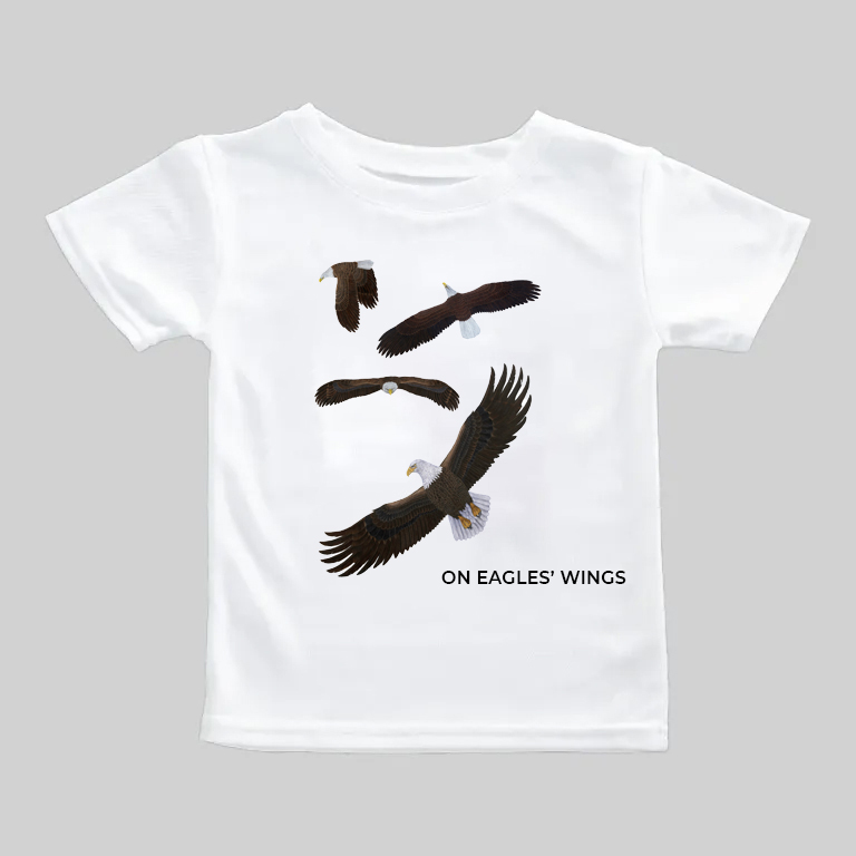 White T-shirt with abstract black brushstroke design and text.
