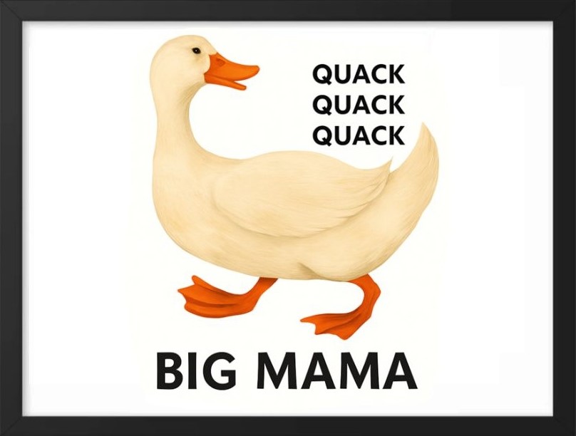 Illustration of a duck with the words 'Quack Quack Quack' and 'Big Mama'.