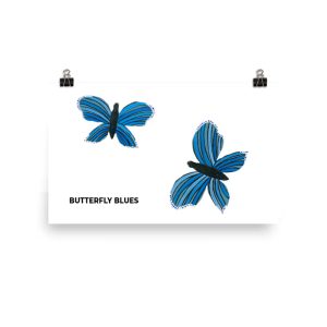 Blue butterfly-shaped glasses on a white background.