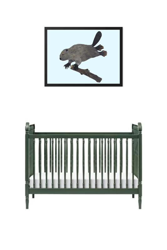 Minimalist nursery setup with a green crib and bird artwork.
