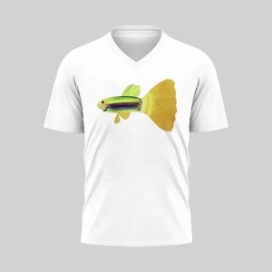 White V-neck t-shirt with a green and yellow fish graphic.
