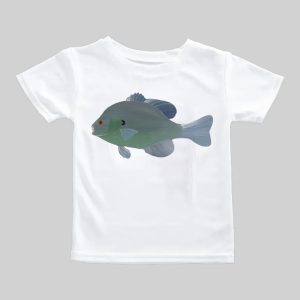 White t-shirt with a colorful fish graphic in the center.
