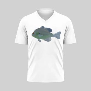 White V-neck T-shirt with a realistic fish illustration on the front.