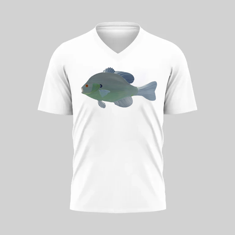 White V-neck T-shirt with a realistic fish illustration on the front.