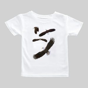 White t-shirt with black brushstroke design resembling birds in flight.