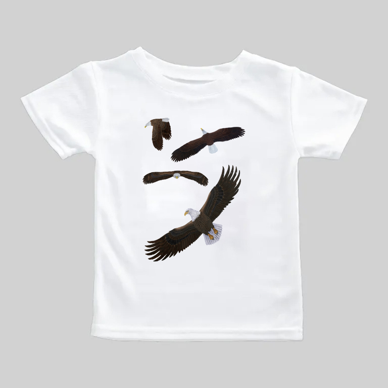 White t-shirt with black brushstroke design resembling birds in flight.
