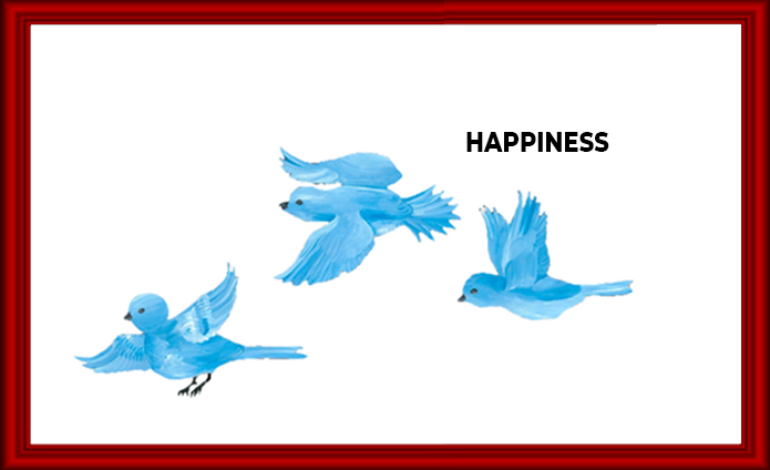 Three blue birds flying with the word 'HAPPINESS' on a white background.