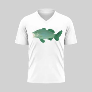 White V-neck T-shirt with a green fish illustration.