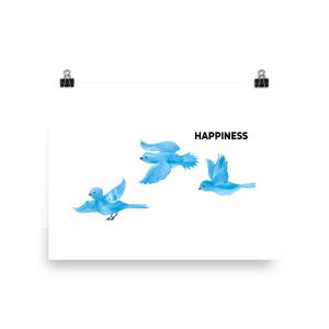 Blue birds flying with the word 'Happiness' above them.