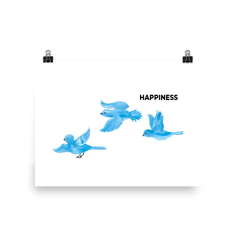 Blue birds flying with the word 'Happiness' above them.