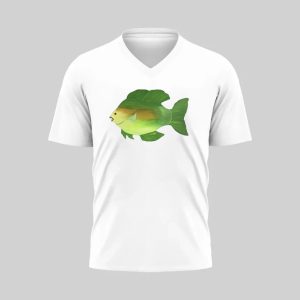 White V-neck T-shirt with a green and yellow fish graphic on the front.