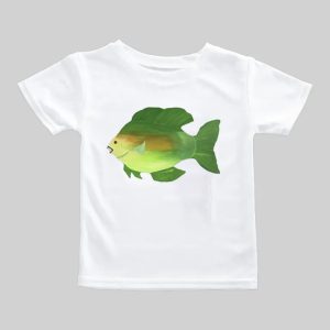 White t-shirt featuring a colorful green and yellow fish graphic.