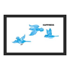 Three blue birds in flight with the word 'HAPPINESS' above them.