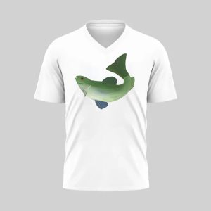 White V-neck t-shirt with a green and blue stylized fish graphic.