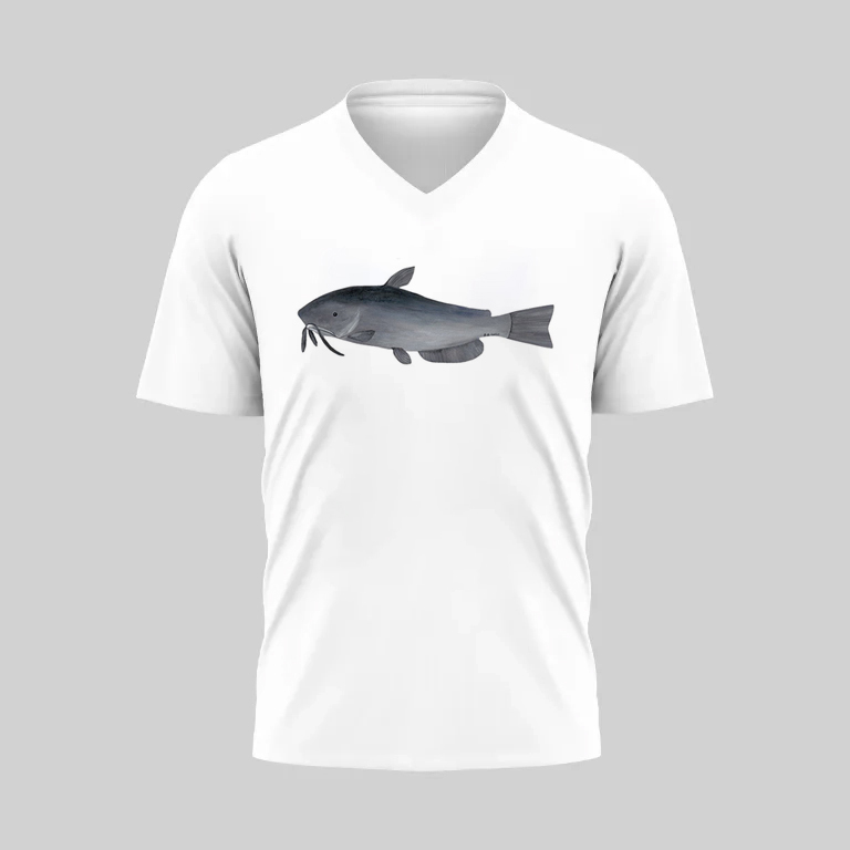 White V-neck T-shirt with a detailed fish illustration on the front.
