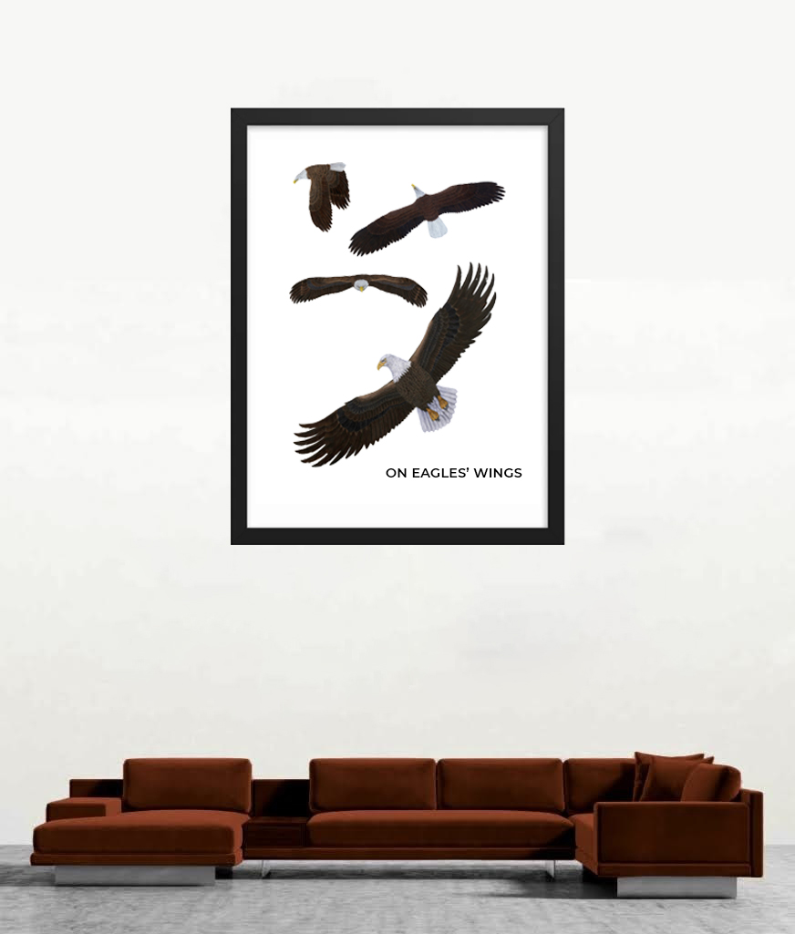 Framed artwork of birds in flight above a brown sofa.